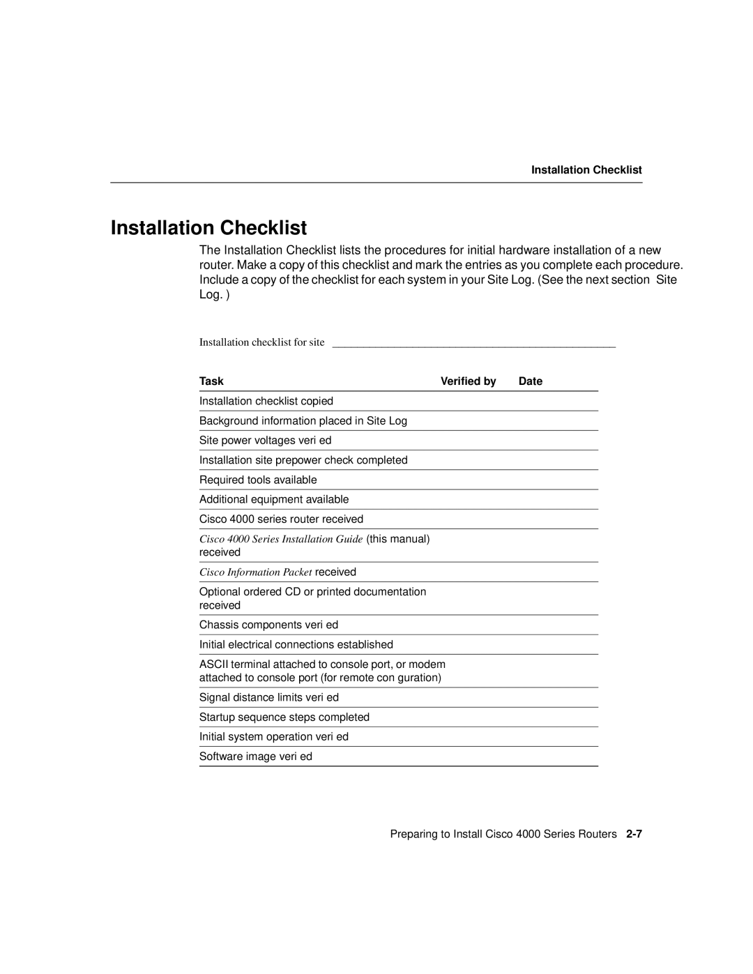 Cisco Systems 4000 appendix Installation Checklist, Task Veriﬁed by Date 