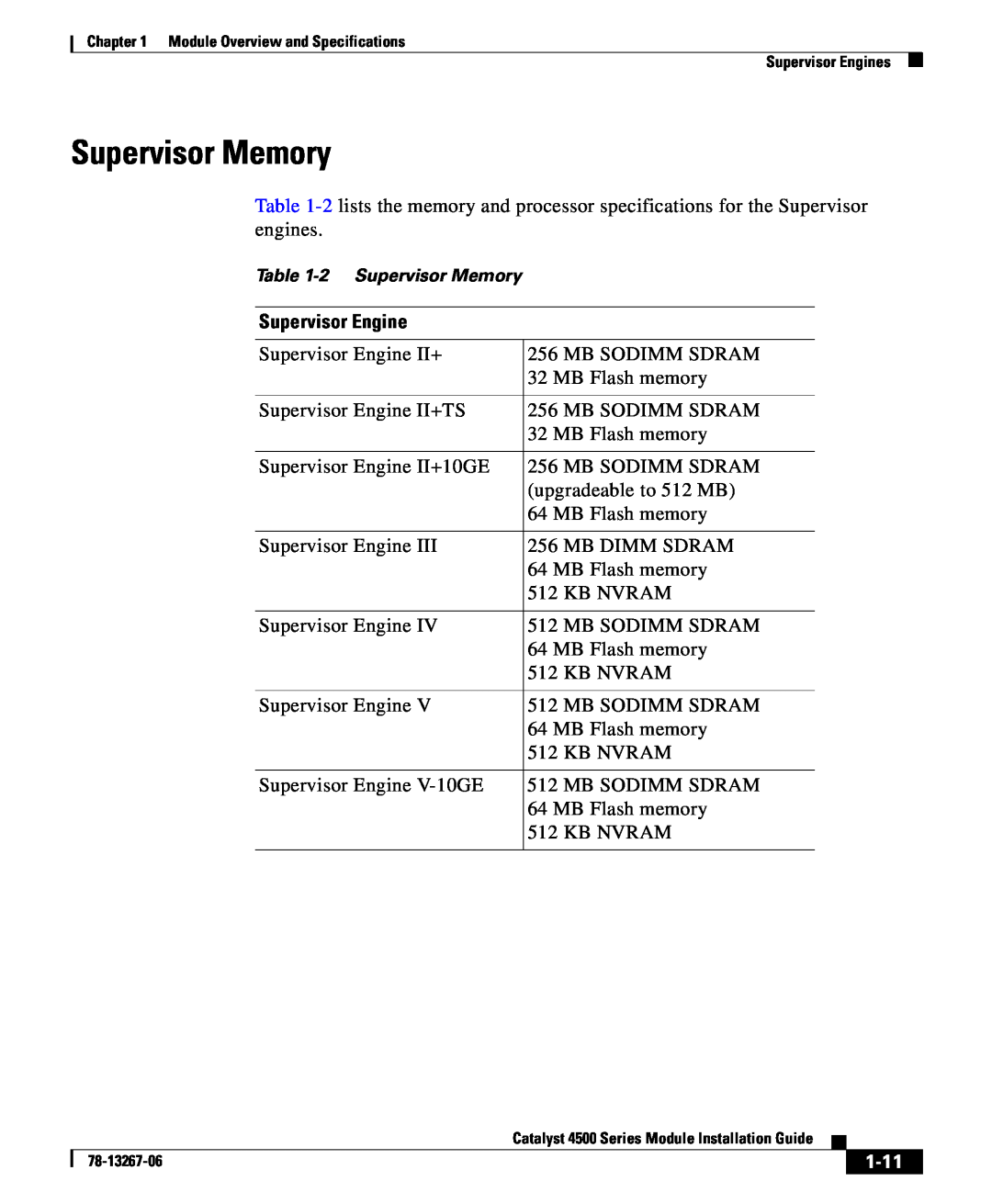 Cisco Systems 4000 specifications Supervisor Memory, Supervisor Engine, 1-11 