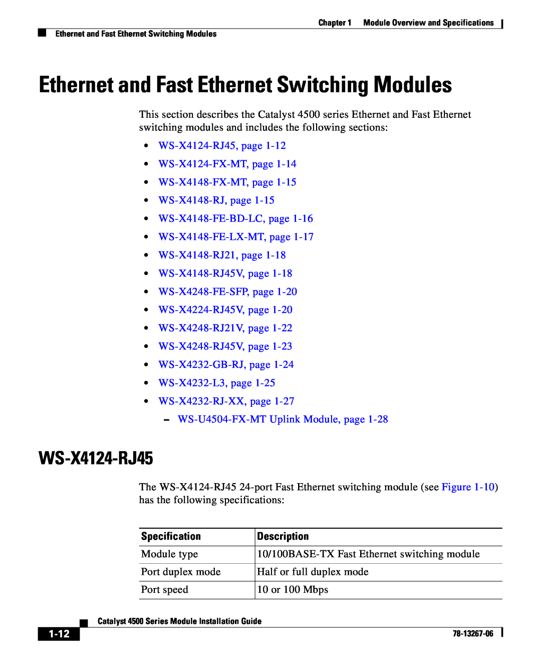 Cisco Systems 4000 Ethernet and Fast Ethernet Switching Modules, WS-X4124-RJ45, Specification, 1-12, Description 
