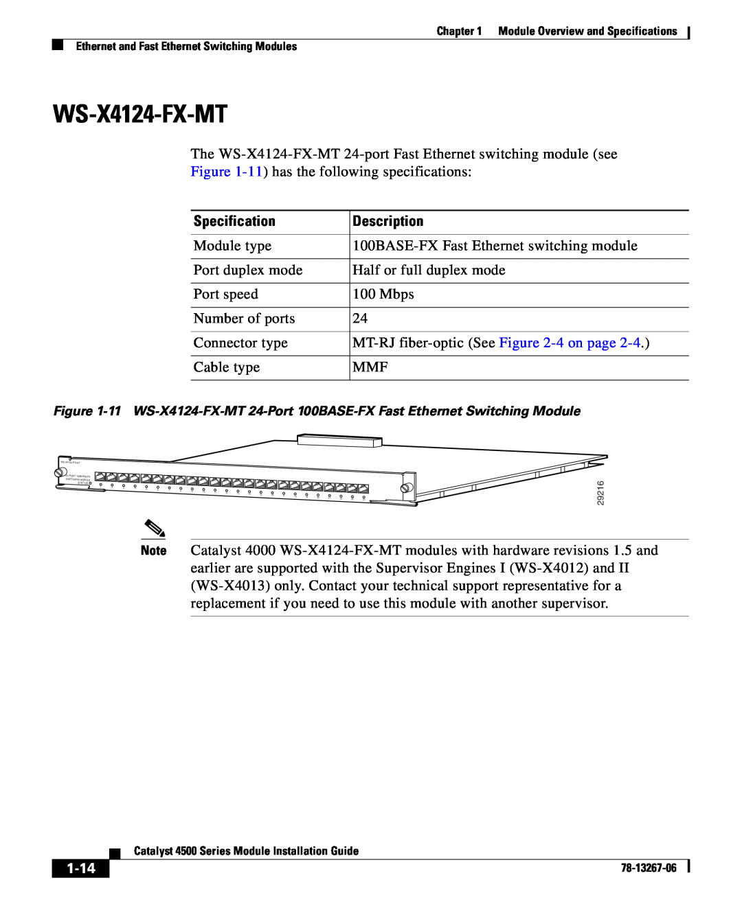 Cisco Systems 4000 specifications WS-X4124-FX-MT, 1-14, Specification, Description 