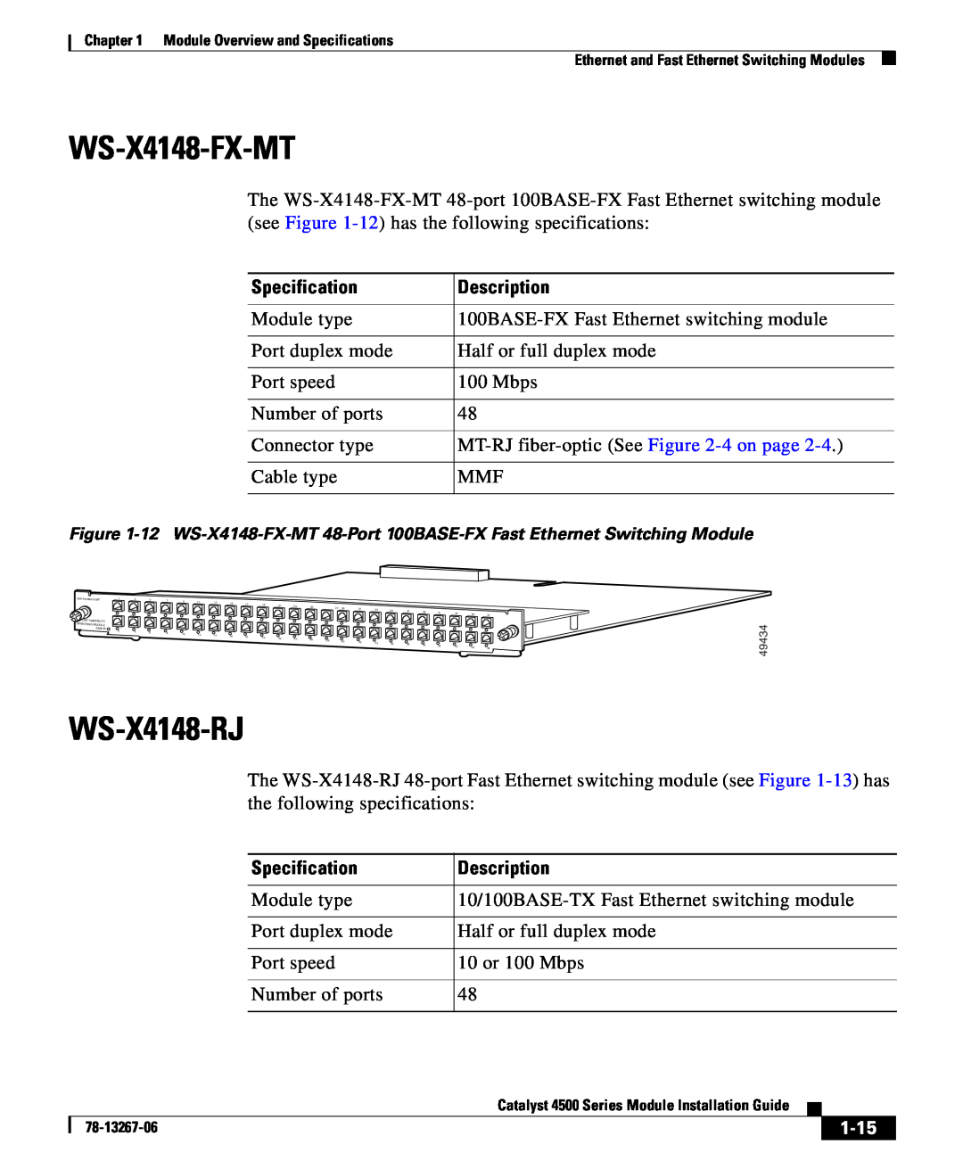 Cisco Systems 4000 specifications WS-X4148-FX-MT, WS-X4148-RJ, 1-15, Specification, Description 