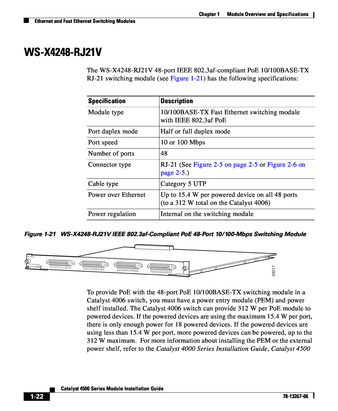 Cisco Systems 4000 specifications WS-X4248-RJ21V, 1-22, Specification, Description, WS-X4148-RJ21 