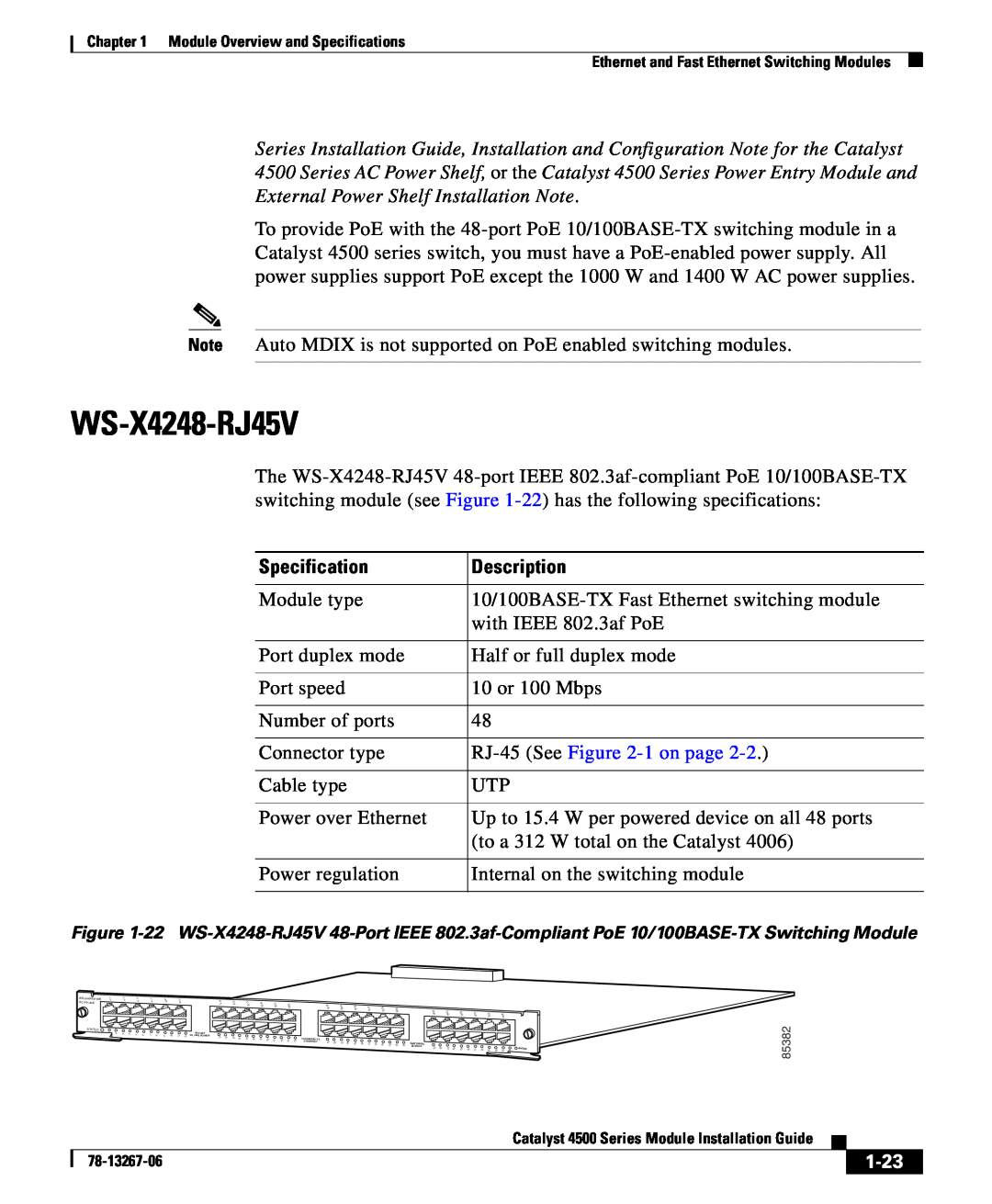 Cisco Systems 4000 specifications WS-X4248-RJ45V, 1-23, Specification, Description 