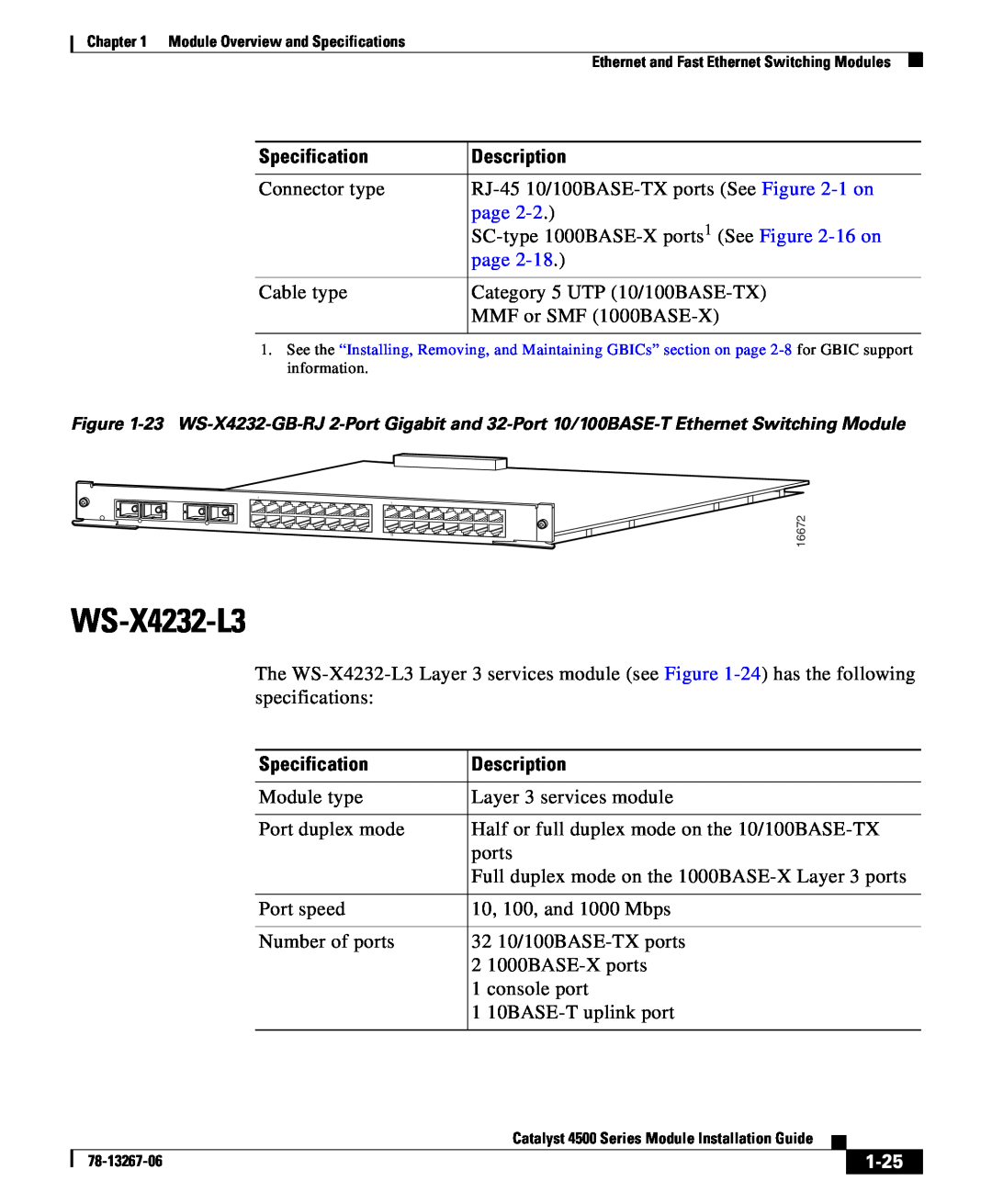 Cisco Systems 4000 specifications WS-X4232-L3, 1-25, Specification, Description 