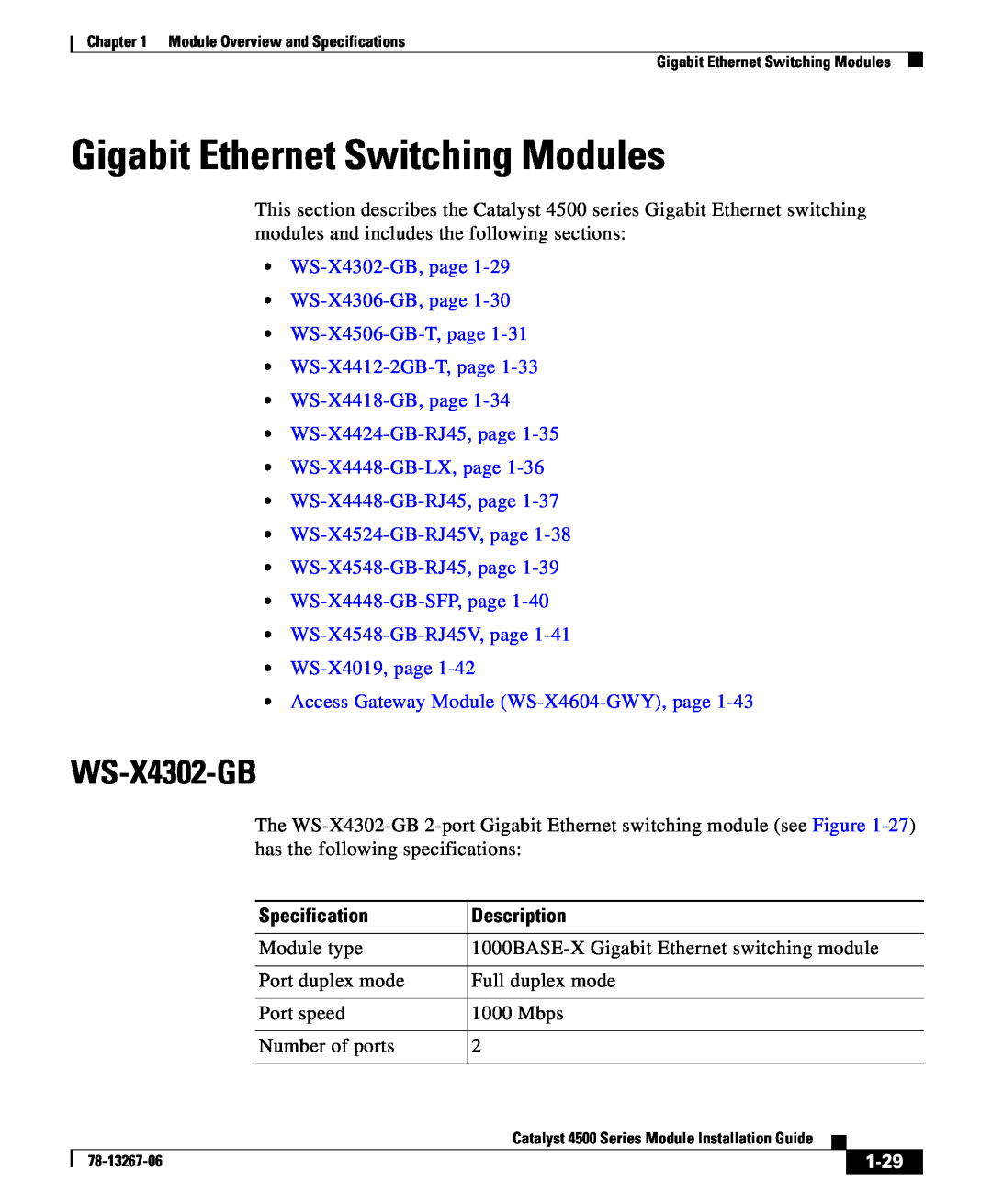 Cisco Systems 4000 specifications Gigabit Ethernet Switching Modules, WS-X4302-GB, 1-29, Specification, Description 