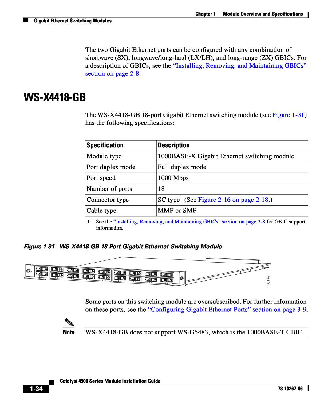 Cisco Systems 4000 1-34, Specification, Description, 31 WS-X4418-GB 18-Port Gigabit Ethernet Switching Module 