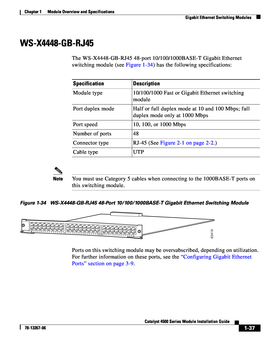 Cisco Systems 4000 specifications 1-37, Specification, Description, WS-X4448-GB-RJ45 STATUS 