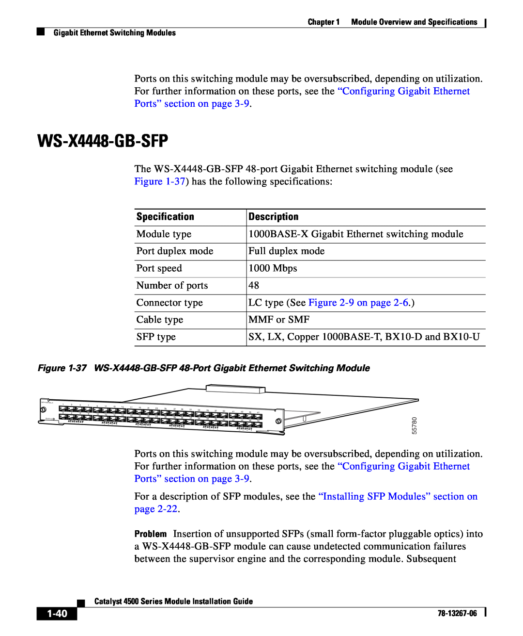 Cisco Systems 4000 specifications WS-X4448-GB-SFP, 1-40, Specification, Description 