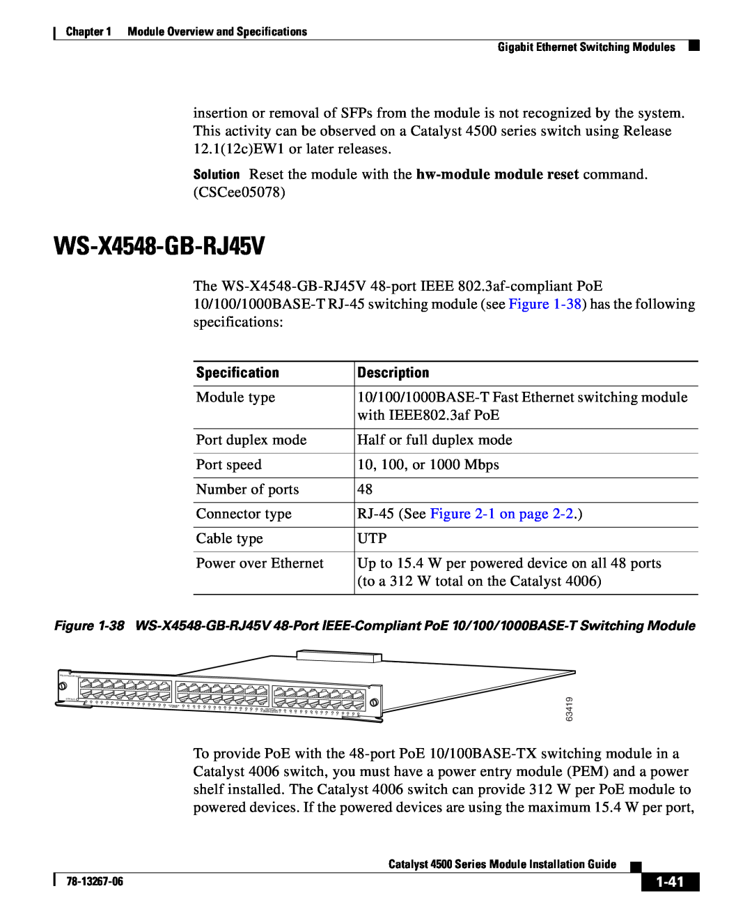 Cisco Systems 4000 specifications WS-X4548-GB-RJ45V, 1-41, Specification, Description 