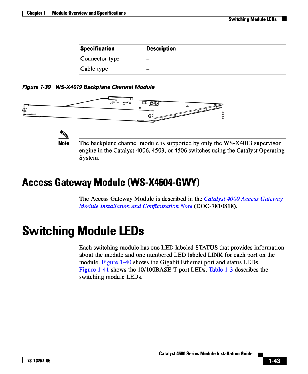 Cisco Systems 4000 Switching Module LEDs, Access Gateway Module WS-X4604-GWY, 1-43, Specification, Description 