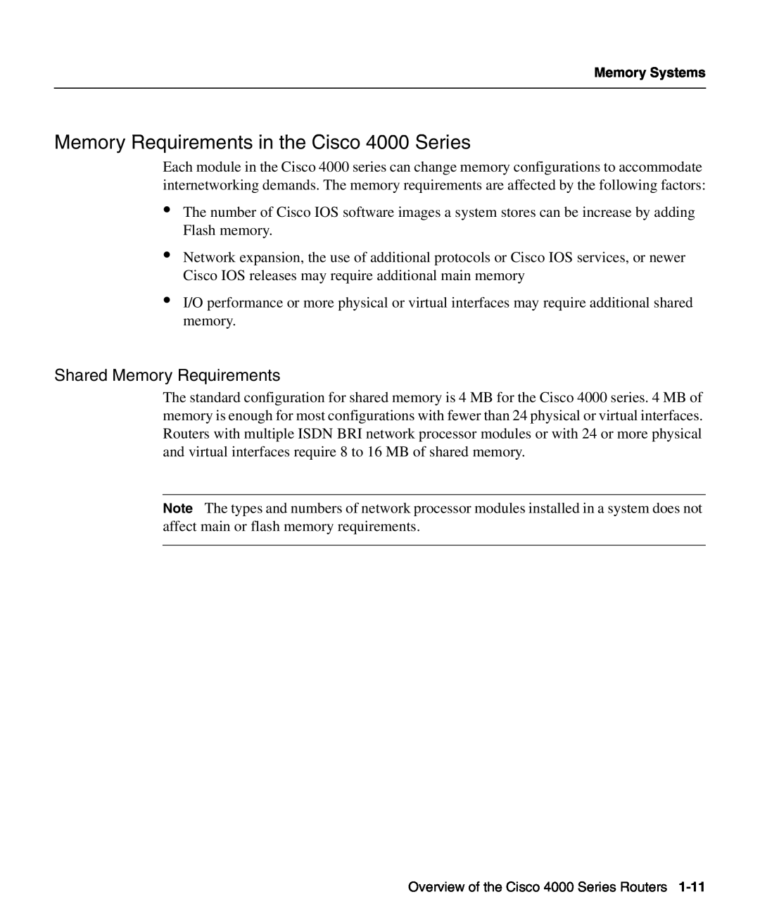 Cisco Systems manual Memory Requirements in the Cisco 4000 Series, Shared Memory Requirements 