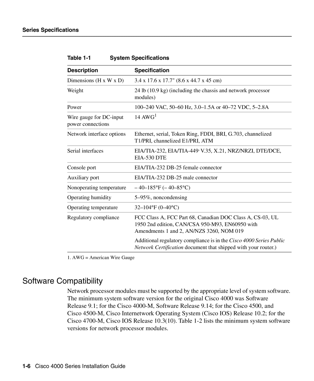 Cisco Systems 4000 manual Software Compatibility, Series Specifications, System Specifications, Description 