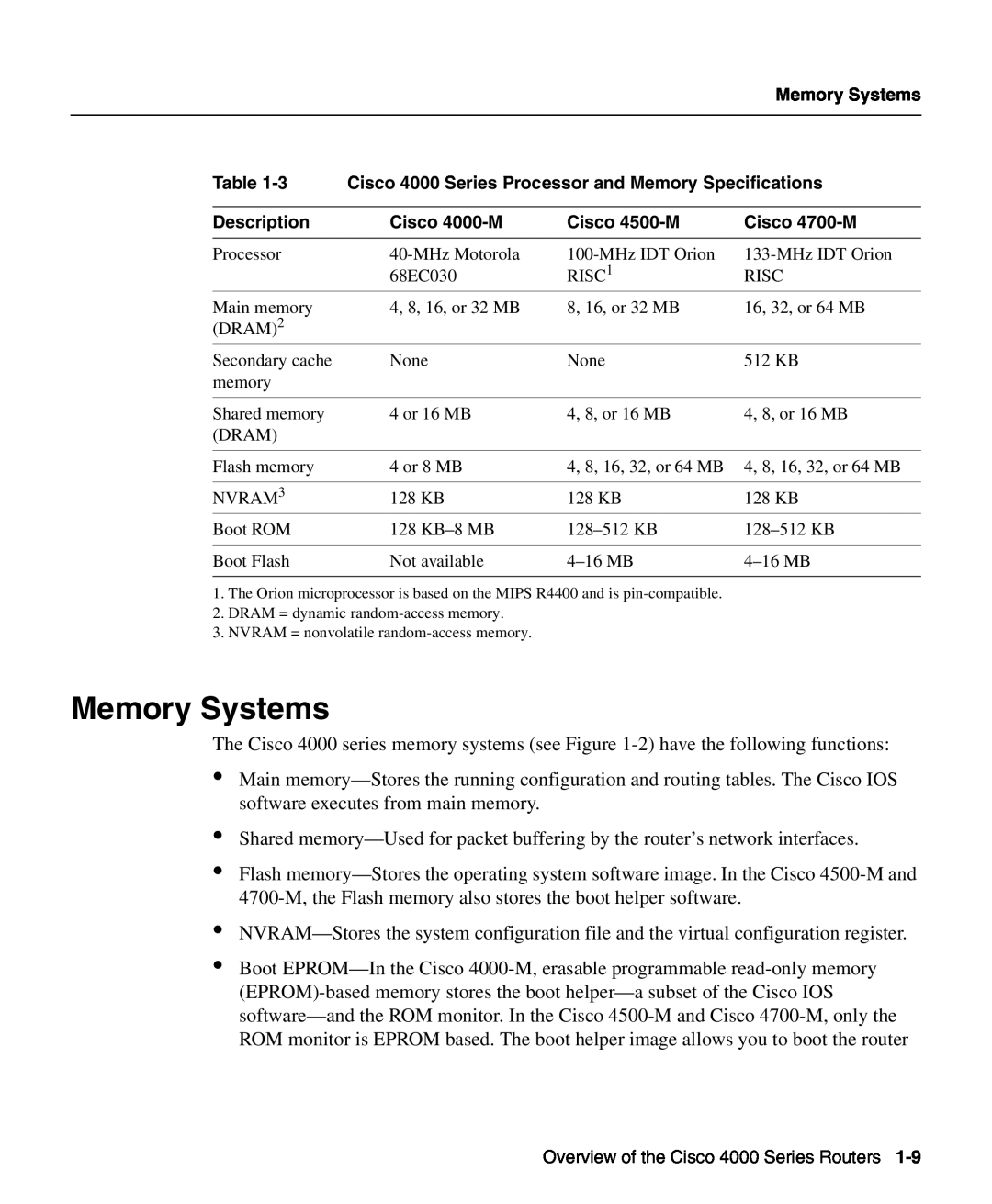 Cisco Systems 4000 manual Memory Systems, DRAM = dynamic random-access memory, NVRAM = nonvolatile random-access memory 
