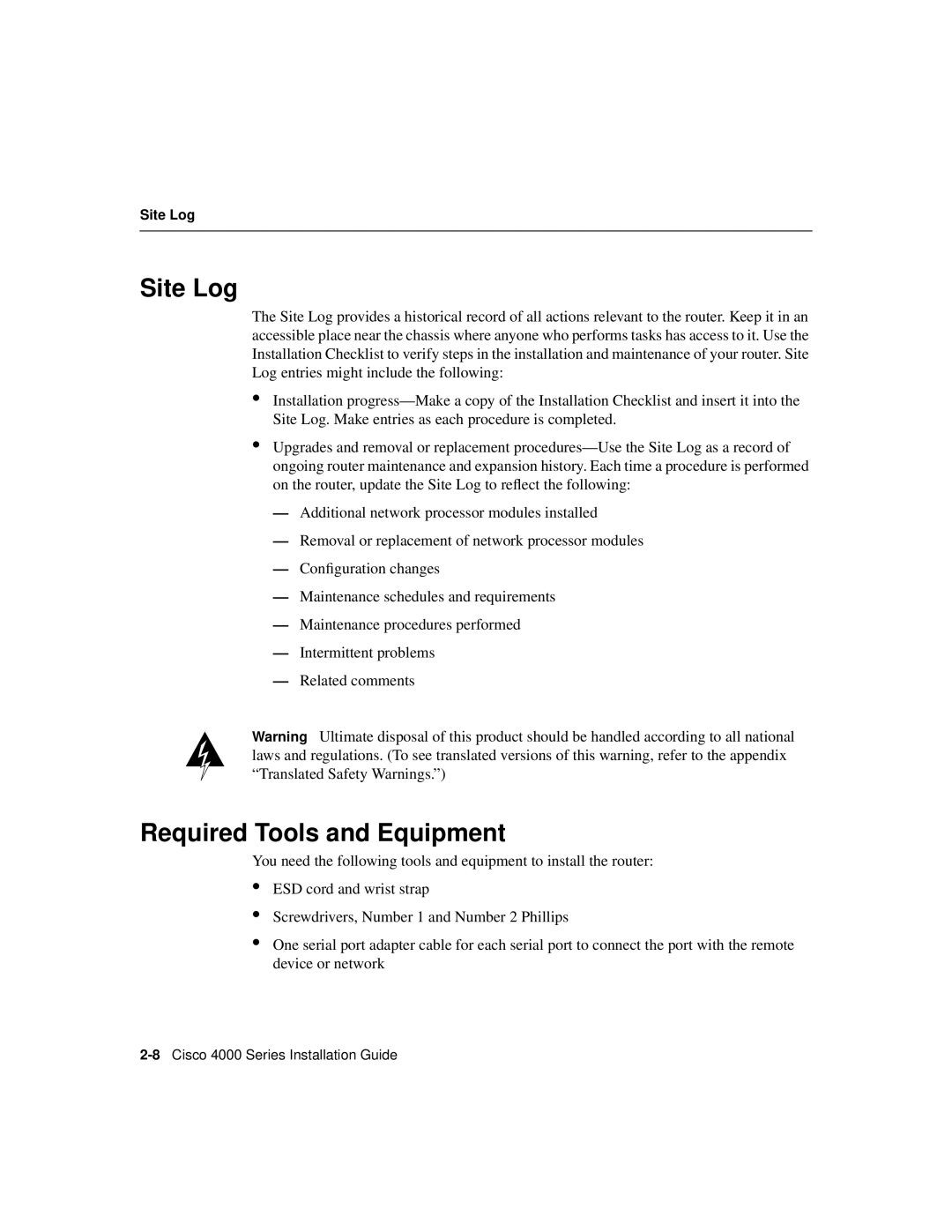 Cisco Systems 4000 appendix Site Log, Required Tools and Equipment 