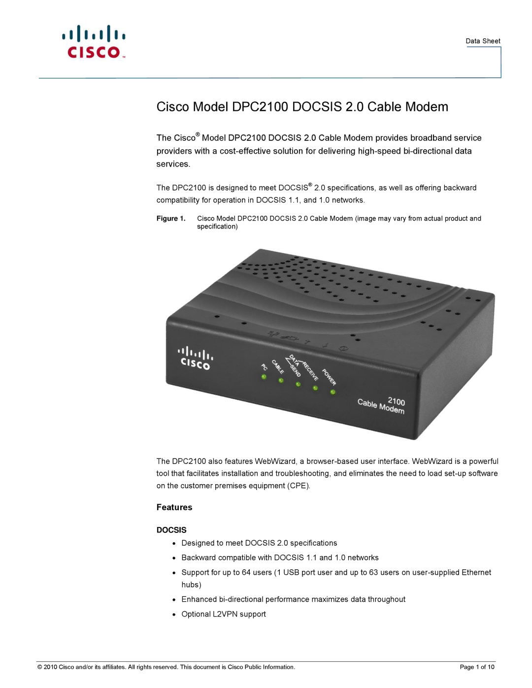 Cisco Systems 4012460 specifications Cisco Model DPC2100 Docsis 2.0 Cable Modem, Features 