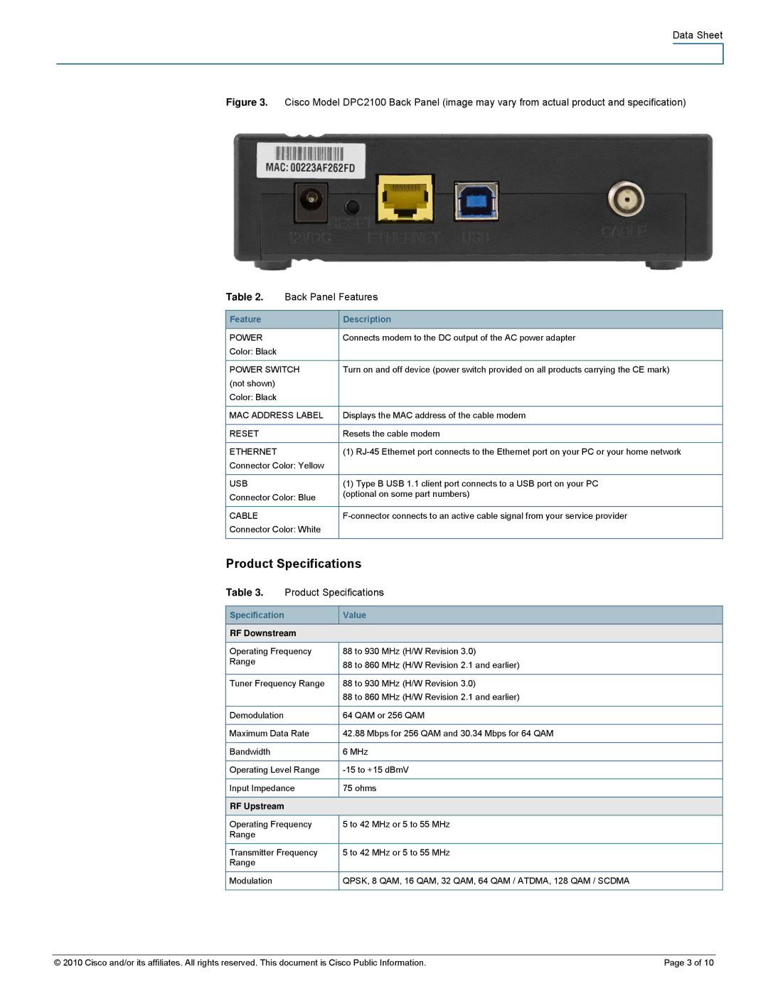 Cisco Systems 4012460 specifications Product Specifications, Specification Value, RF Downstream, RF Upstream 