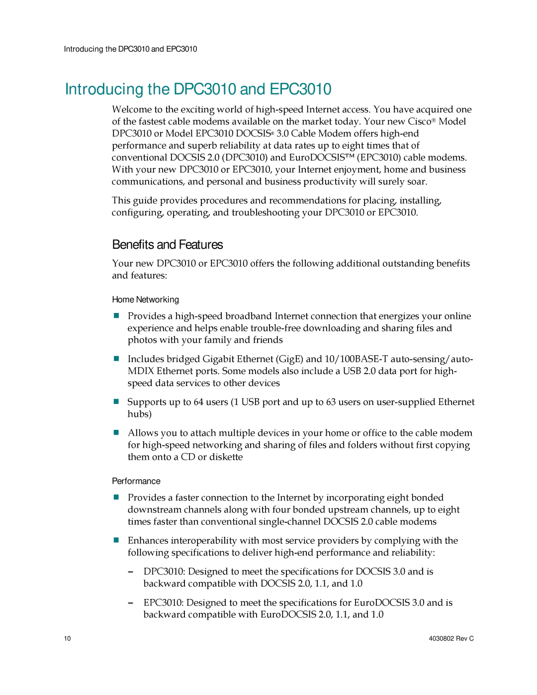 Cisco Systems 4027668 Introducing the DPC3010 and EPC3010, Benefits and Features, Home Networking, Performance 