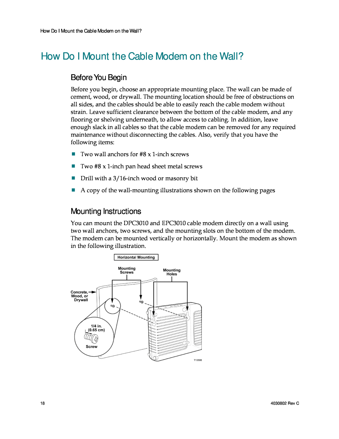 Cisco Systems 4027668 How Do I Mount the Cable Modem on the Wall?, Before You Begin, Mounting Instructions 