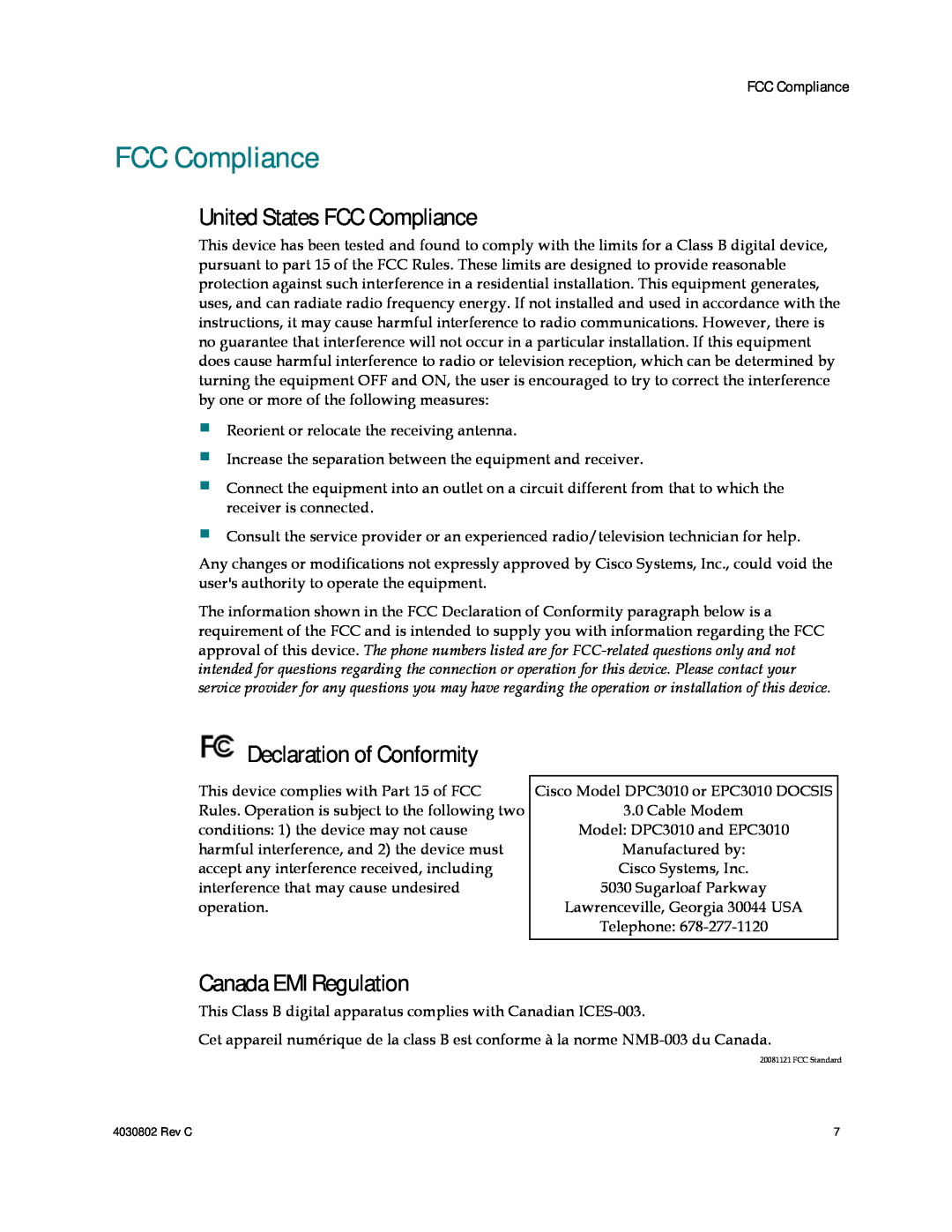 Cisco Systems AAC400210112234, 4027668 United States FCC Compliance, Declaration of Conformity, Canada EMI Regulation 