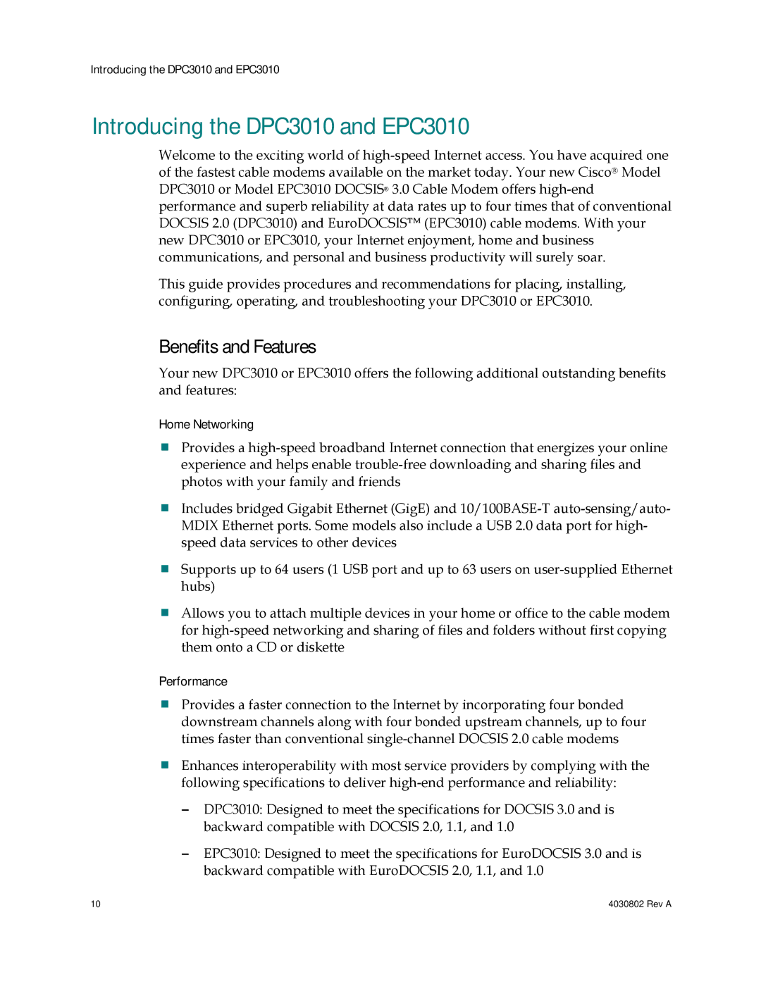 Cisco Systems 4027673 Introducing the DPC3010 and EPC3010, Benefits and Features, Home Networking, Performance 