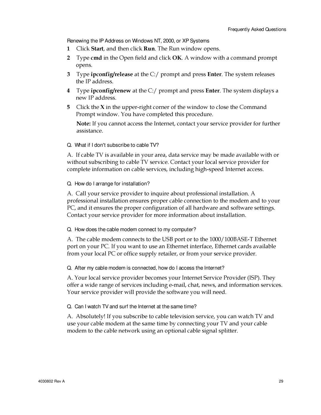 Cisco Systems 4027673 Renewing the IP Address on Windows NT, 2000, or XP Systems, What if I dont subscribe to cable TV? 