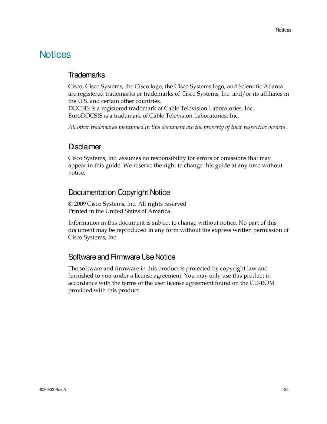 Cisco Systems 4027673 Trademarks, Disclaimer, Documentation Copyright Notice, Software and Firmware Use Notice 