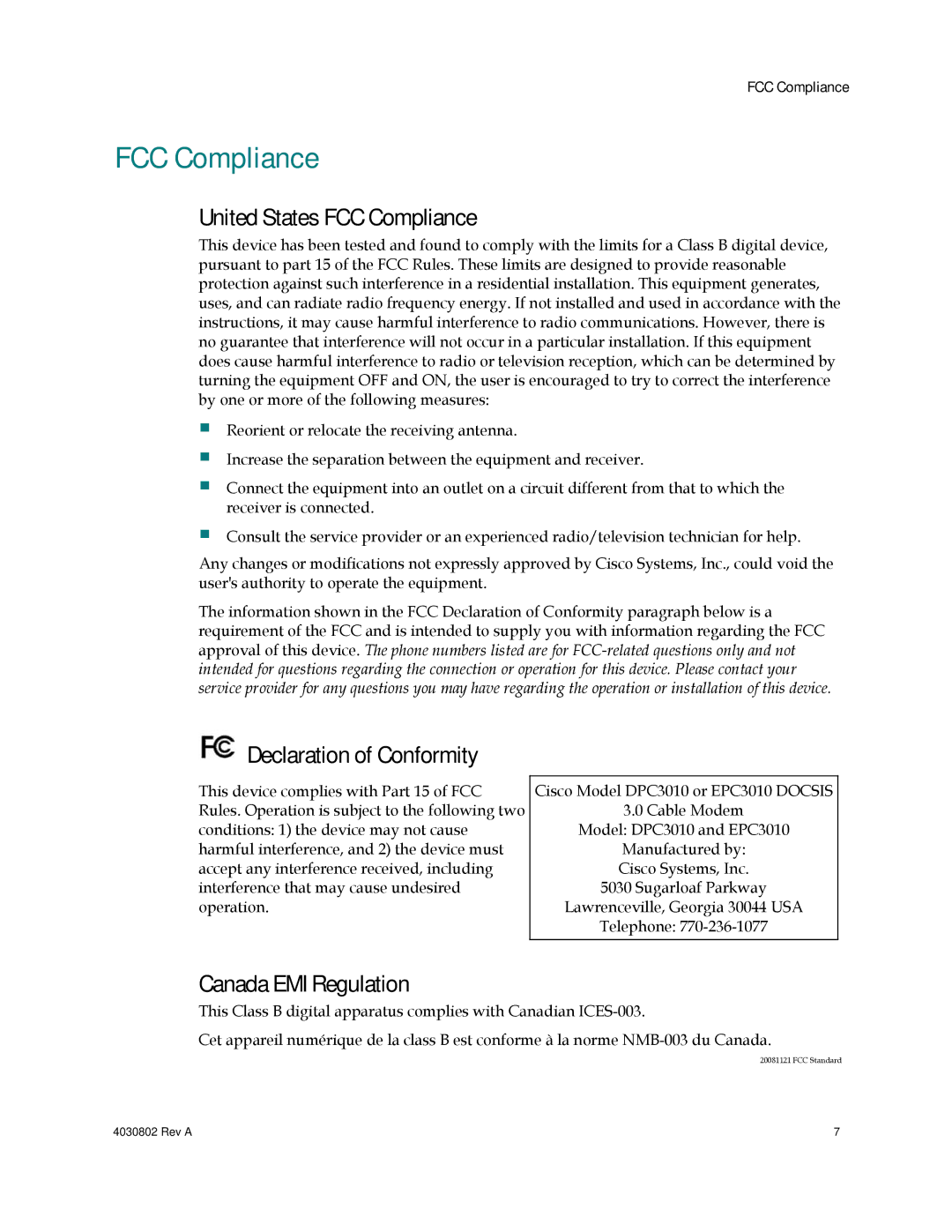 Cisco Systems 4027673 United States FCC Compliance, Declaration of Conformity, Canada EMI Regulation 