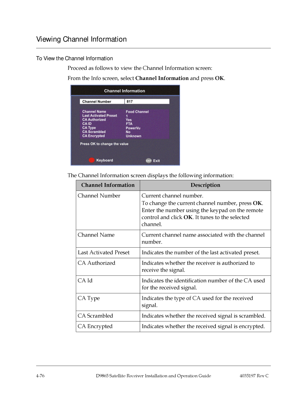 Cisco Systems 4028650000000 Viewing Channel Information, To View the Channel Information, Channel Information Description 