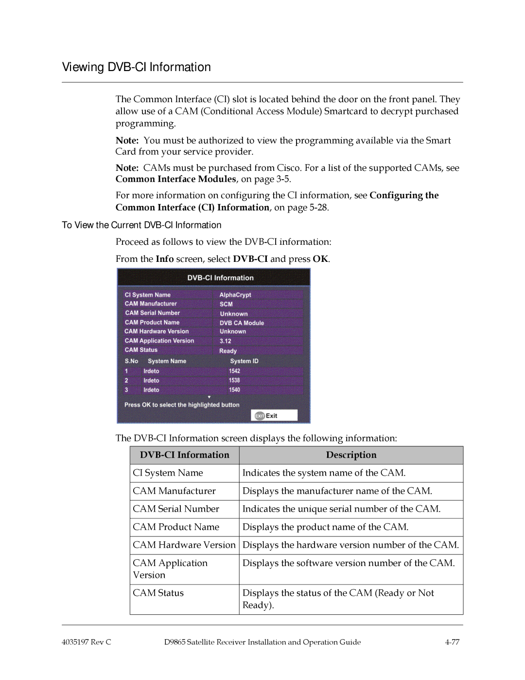 Cisco Systems 4028650000000 Viewing DVB-CI Information, To View the Current DVB-CI Information 