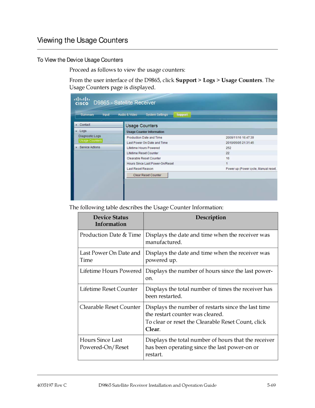 Cisco Systems 4028650000000 Viewing the Usage Counters, To View the Device Usage Counters, Clear 