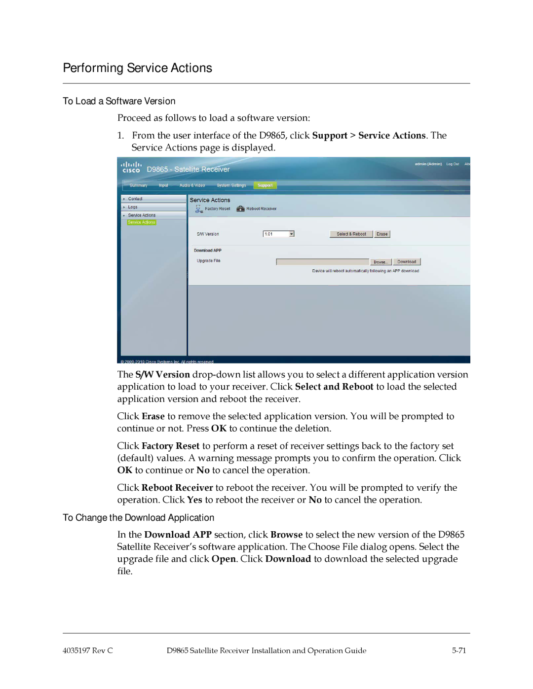 Cisco Systems 4028650000000 installation and operation guide Performing Service Actions, To Load a Software Version 