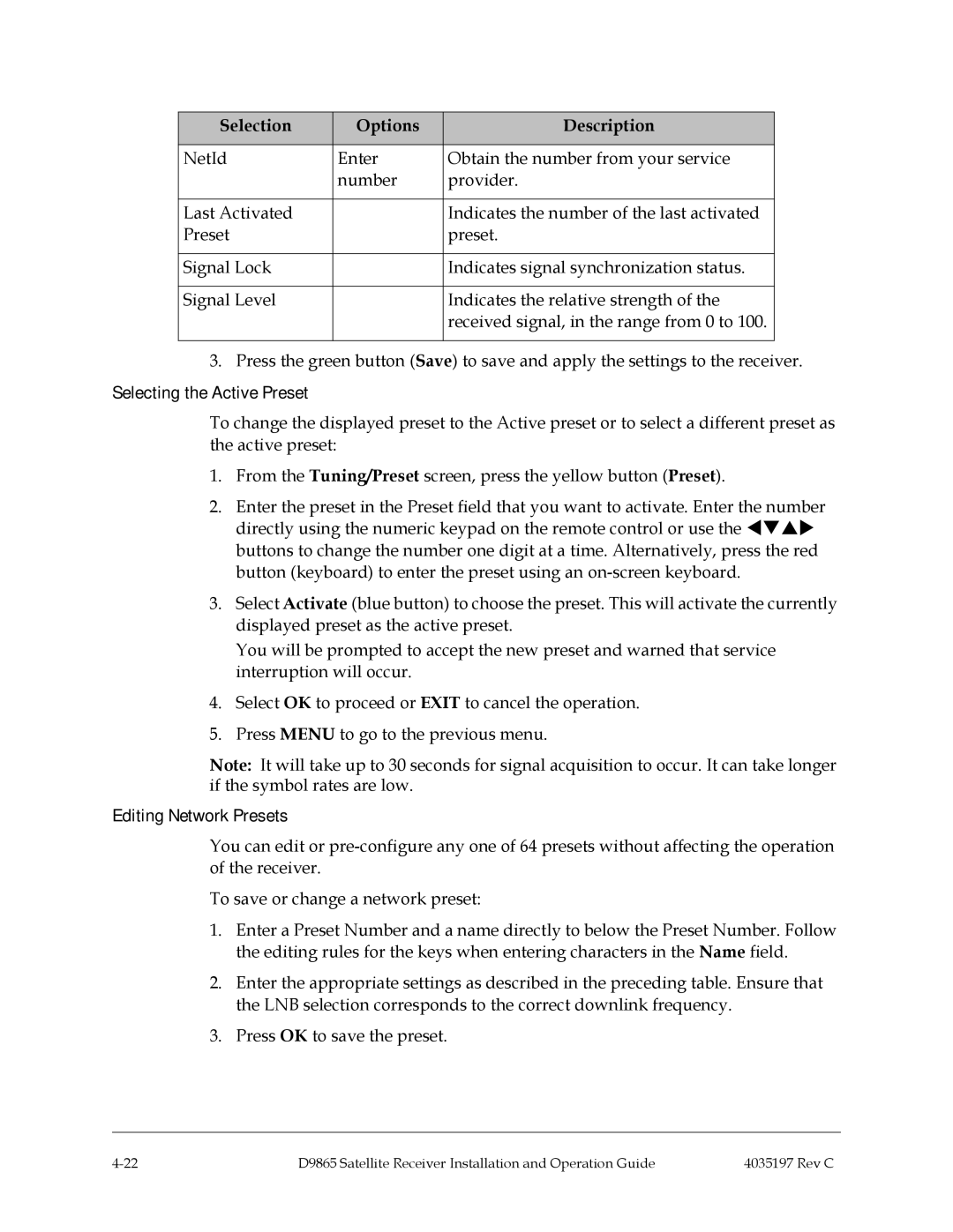 Cisco Systems 4028650000000 installation and operation guide Selecting the Active Preset, Editing Network Presets 