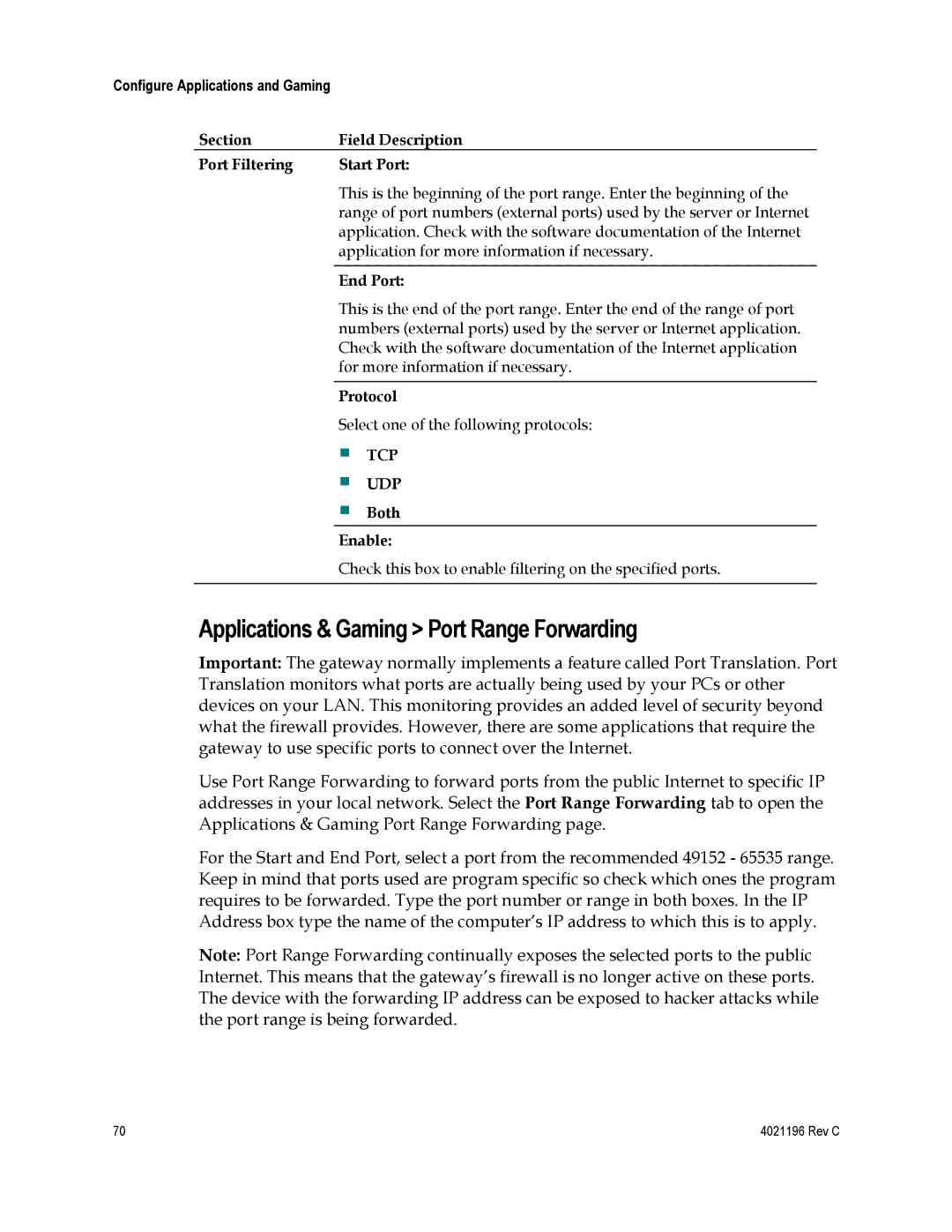 Cisco Systems 4034441 Applications & Gaming Port Range Forwarding, Section Field Description Port Filtering Start Port 