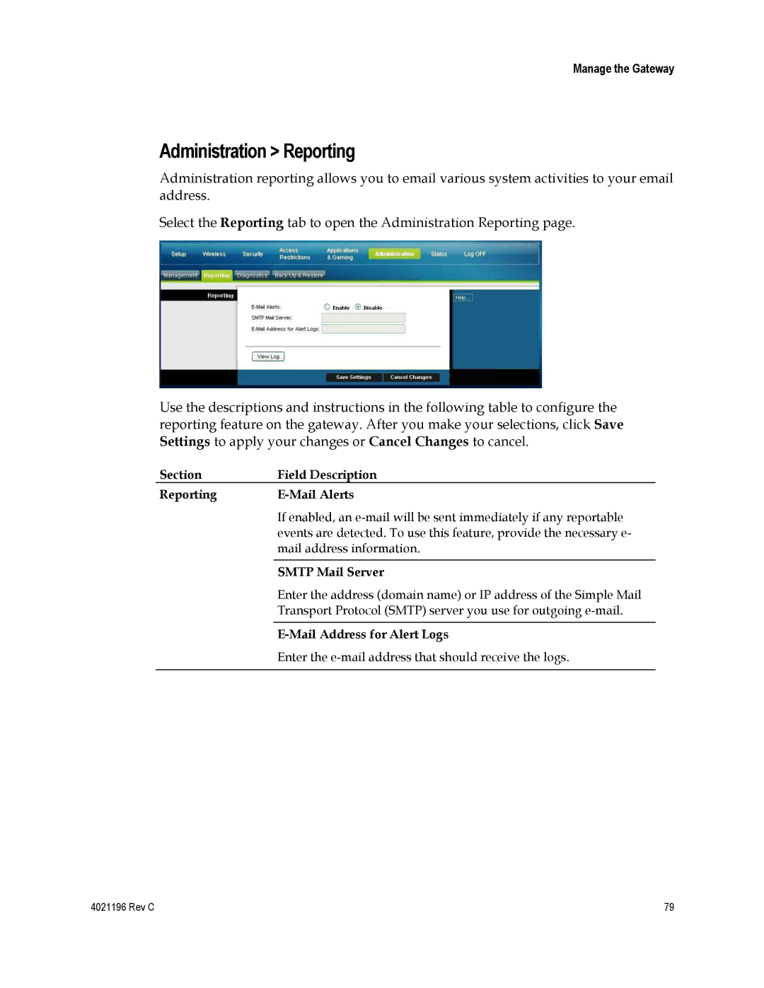 Cisco Systems 4034441 Administration Reporting, Section Field Description Reporting Mail Alerts, Smtp Mail Server 