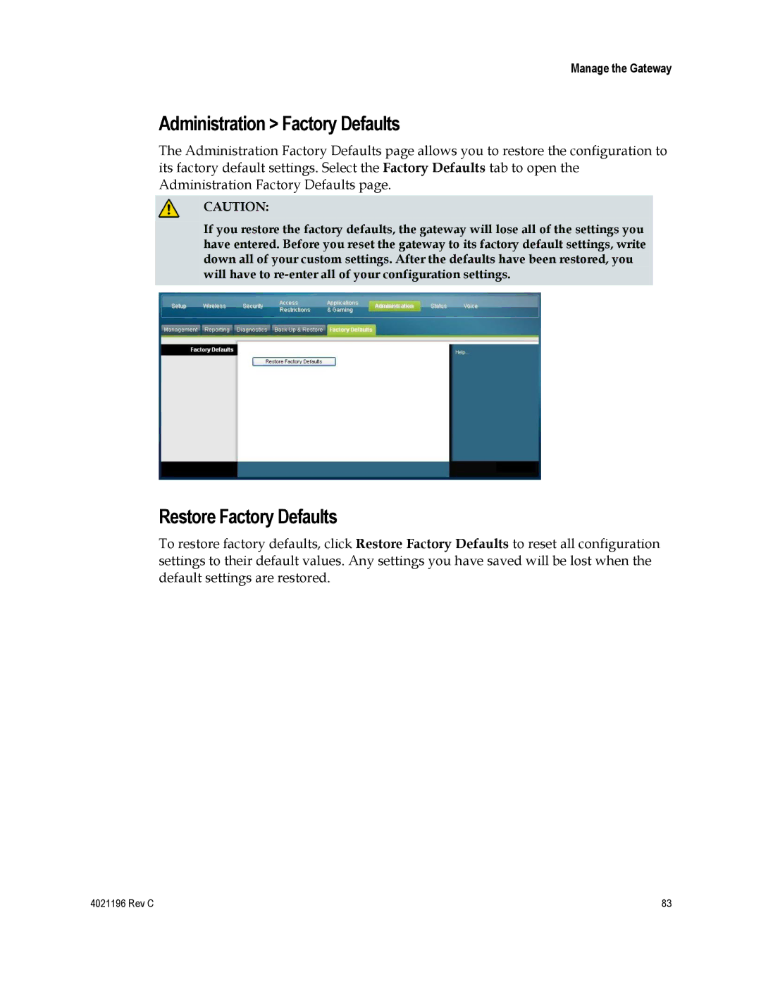 Cisco Systems 4034441 important safety instructions Administration Factory Defaults, Restore Factory Defaults 