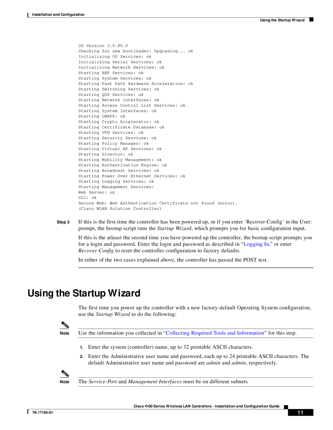 Cisco Systems 4100 manual Installation and Configuration Using the Startup Wizard 