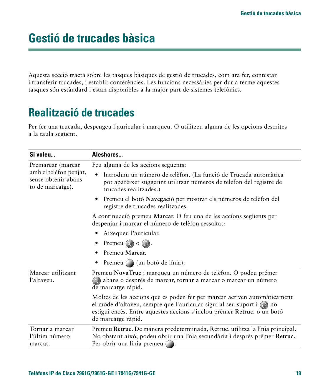 Cisco Systems 4.1(3) manual Gestió de trucades bàsica, Realització de trucades 