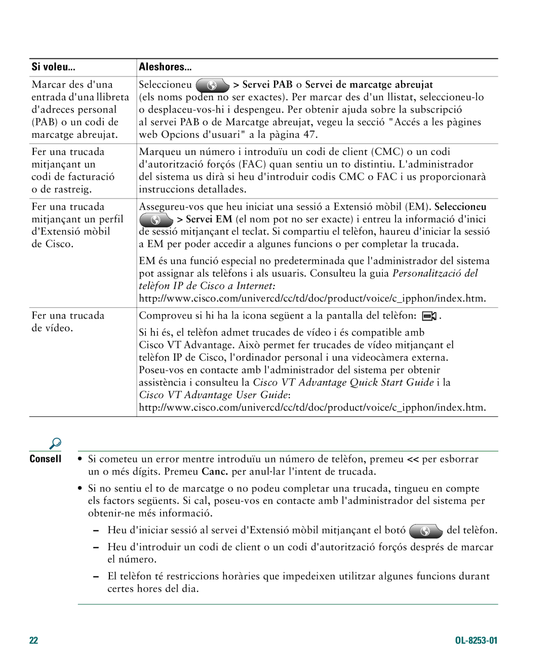 Cisco Systems 4.1(3) manual Servei PAB o Servei de marcatge abreujat, Cisco VT Advantage User Guide 