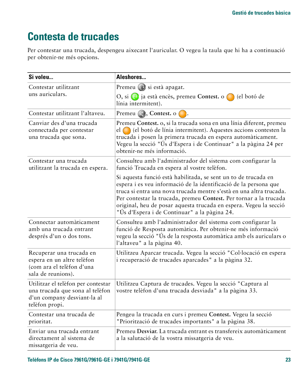 Cisco Systems 4.1(3) manual Contesta de trucades, Contest. o 