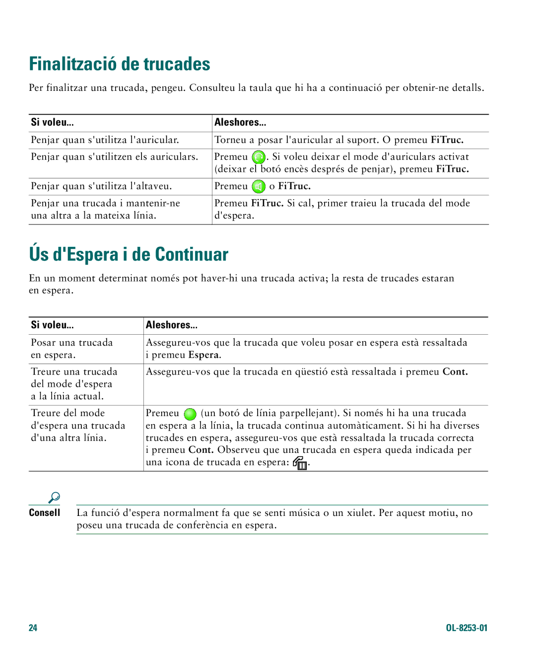 Cisco Systems 4.1(3) manual Finalització de trucades, Ús dEspera i de Continuar, FiTruc 