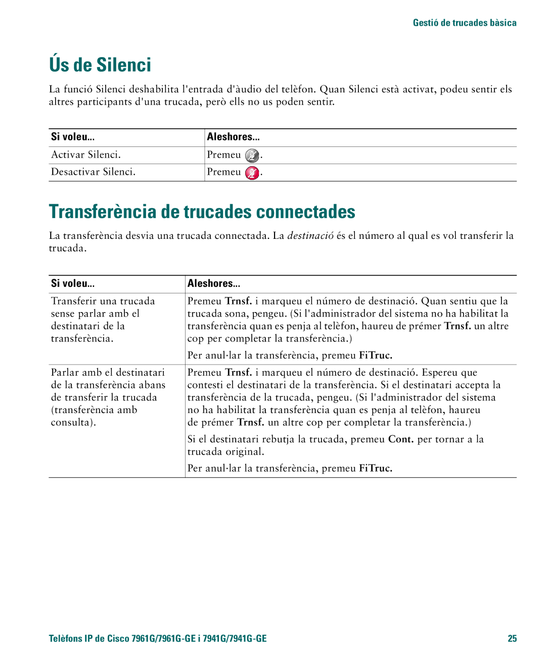 Cisco Systems 4.1(3) manual Ús de Silenci, Transferència de trucades connectades 