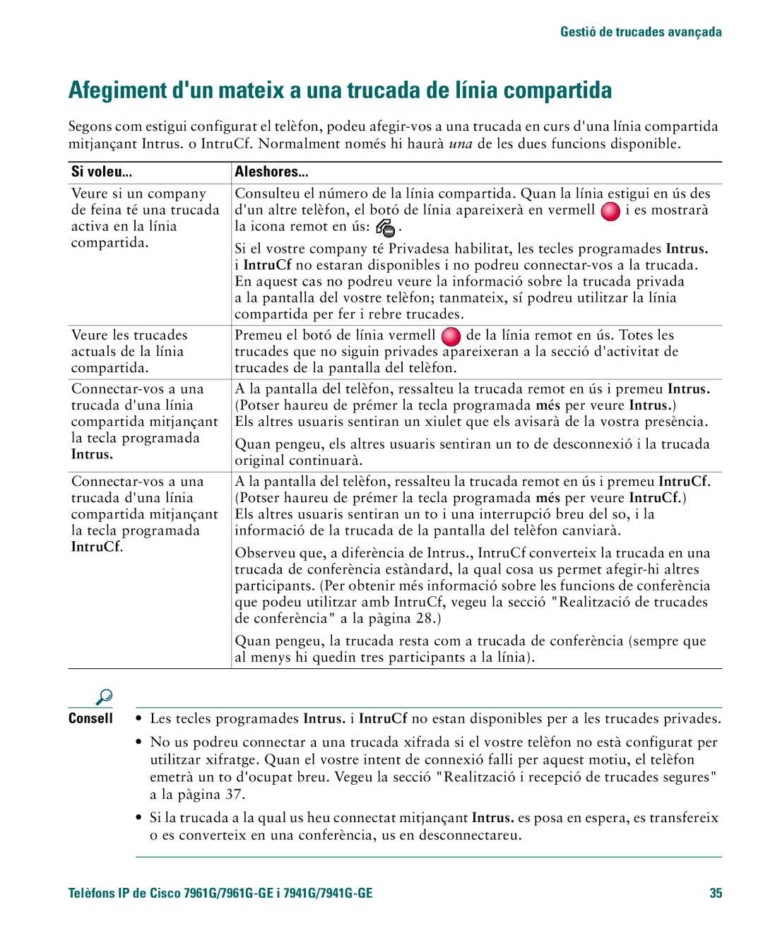 Cisco Systems 4.1(3) manual Afegiment dun mateix a una trucada de línia compartida, Intrus, IntruCf 