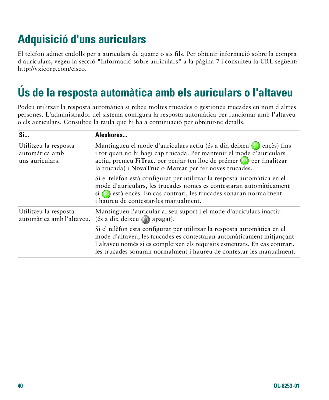 Cisco Systems 4.1(3) manual Adquisició duns auriculars, Ús de la resposta automàtica amb els auriculars o laltaveu 