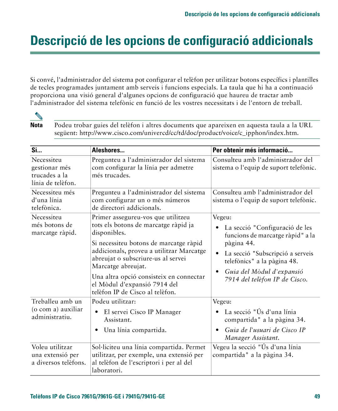 Cisco Systems 4.1(3) manual Descripció de les opcions de configuració addicionals, Aleshores Per obtenir més informació 