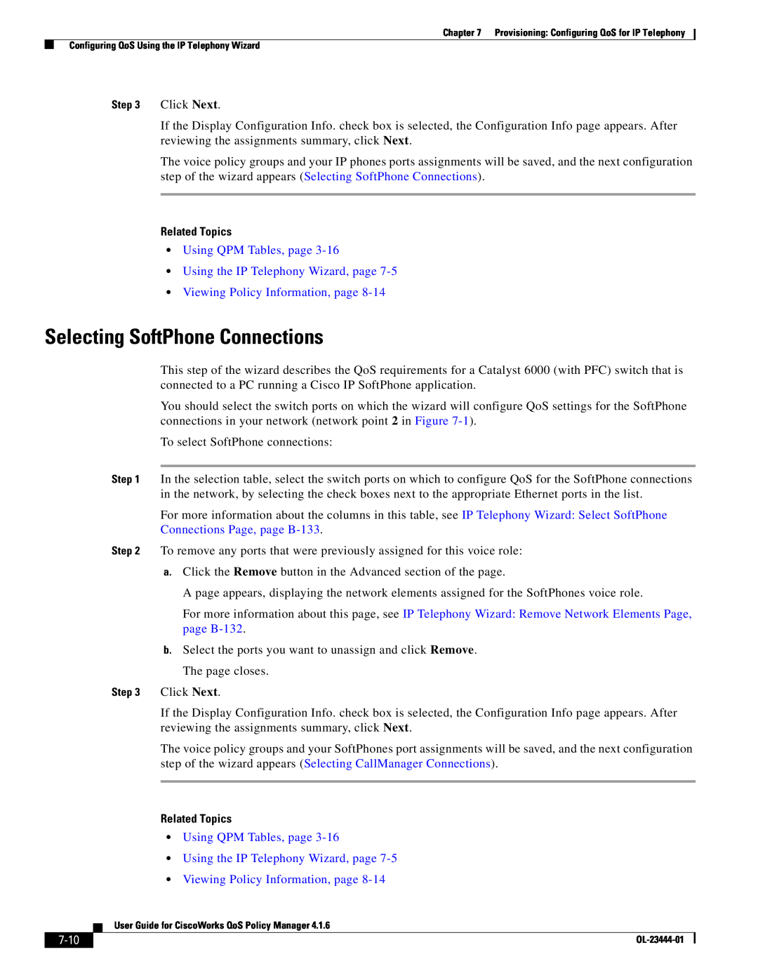 Cisco Systems 416 manual Selecting SoftPhone Connections, Using QPM Tables, page Using the IP Telephony Wizard, page, 7-10 