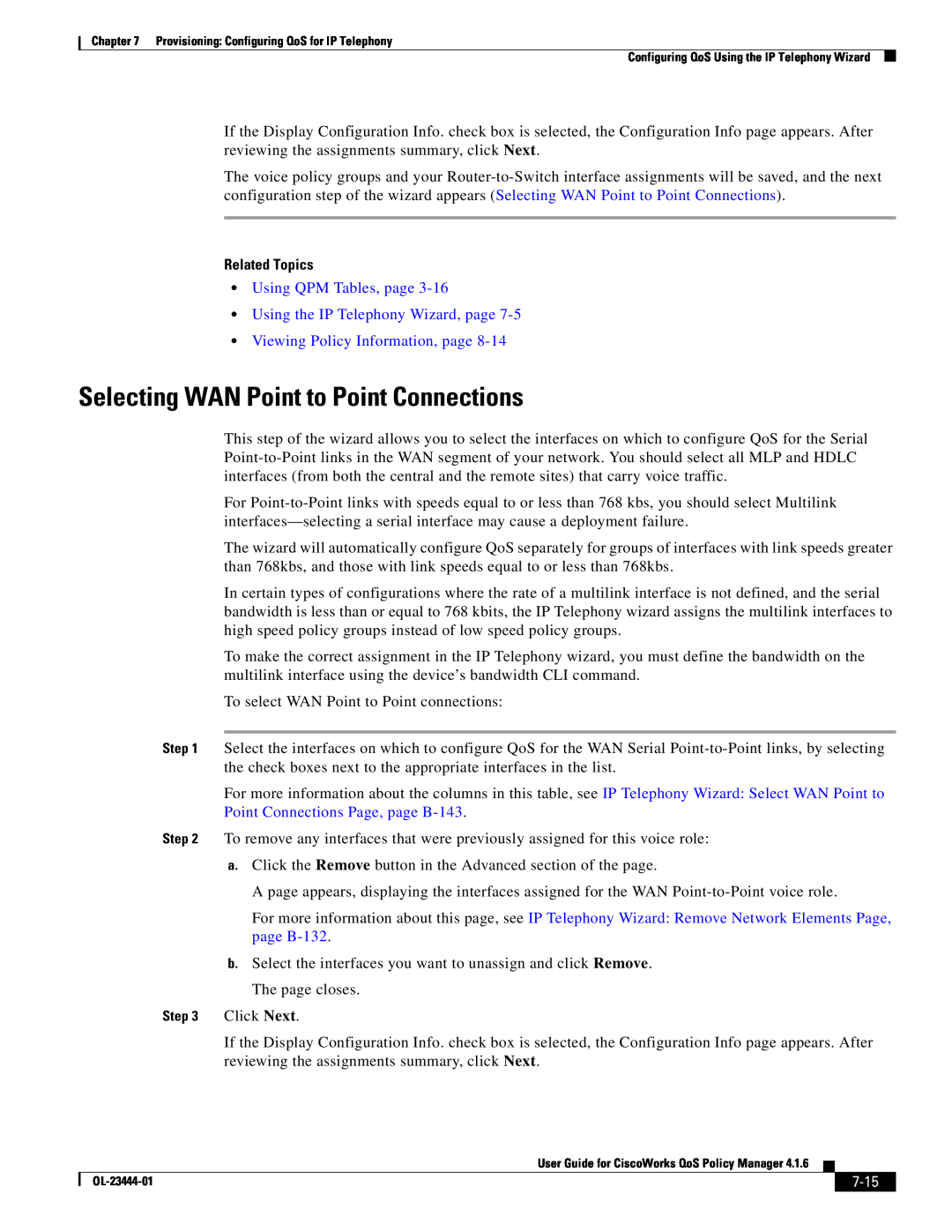 Cisco Systems 416 manual Selecting WAN Point to Point Connections, 7-15, Related Topics, Viewing Policy Information, page 