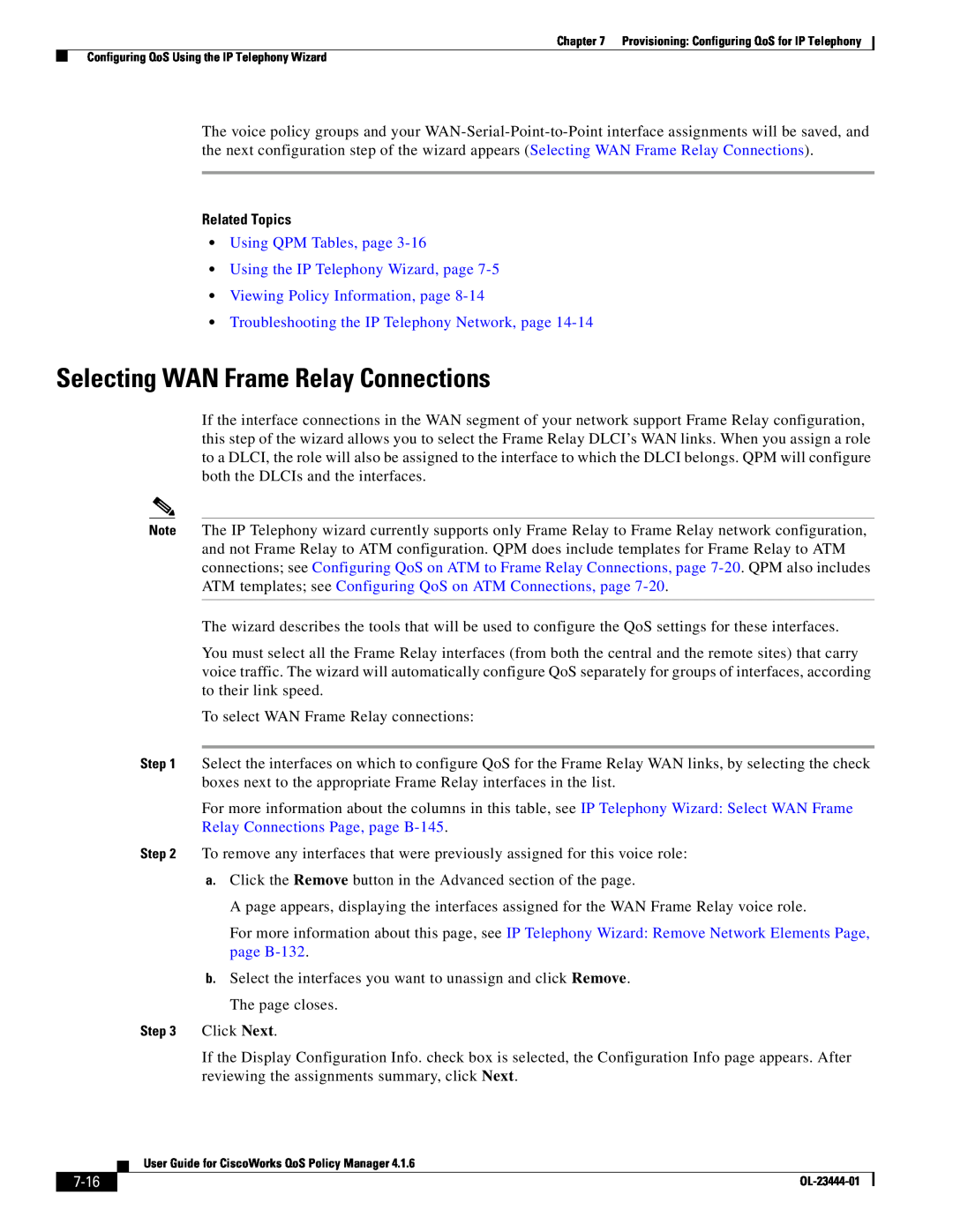 Cisco Systems 416 manual Selecting WAN Frame Relay Connections, 7-16, Related Topics, Viewing Policy Information, page 