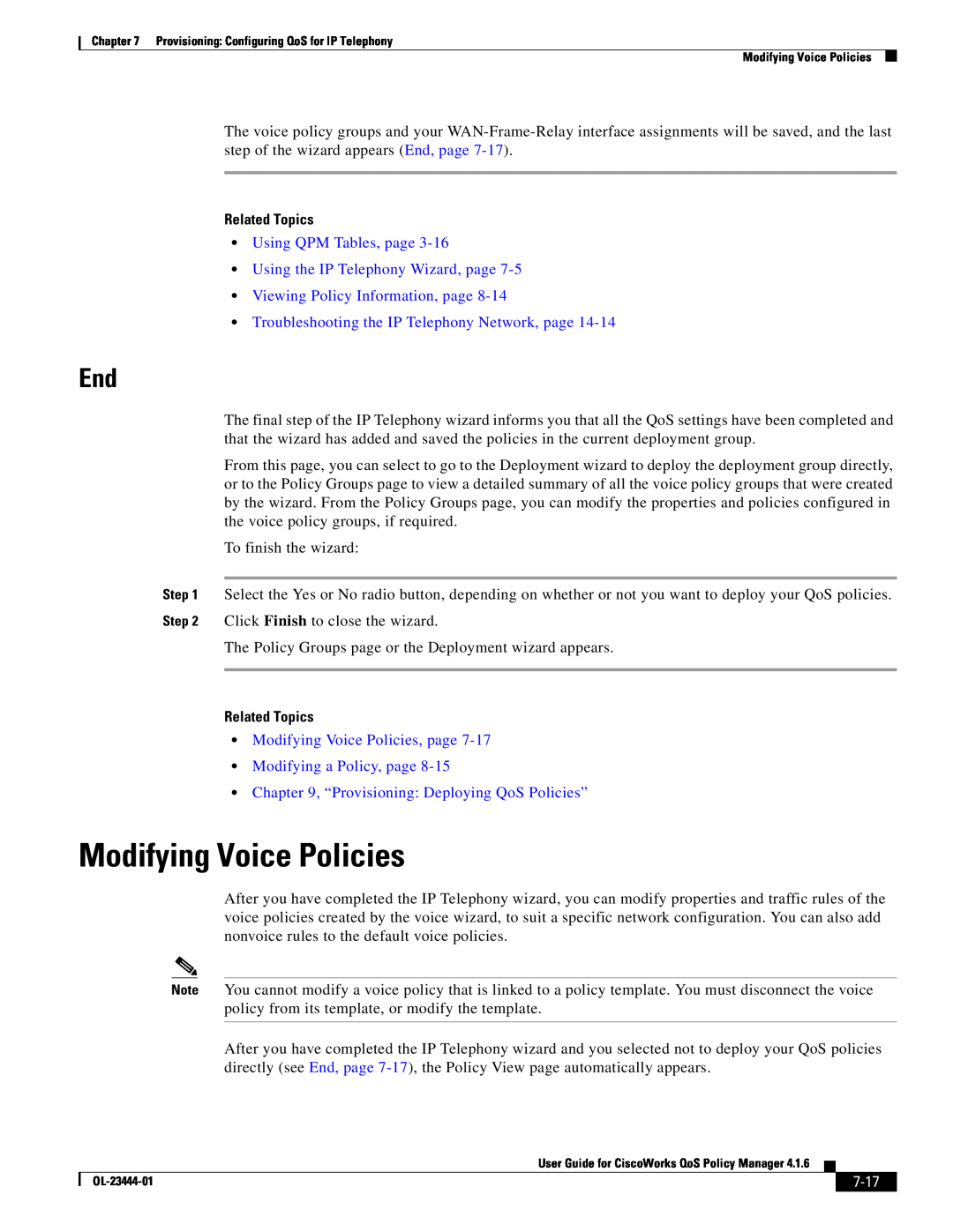Cisco Systems 416 manual Modifying Voice Policies, page Modifying a Policy, page, 7-17, Related Topics 