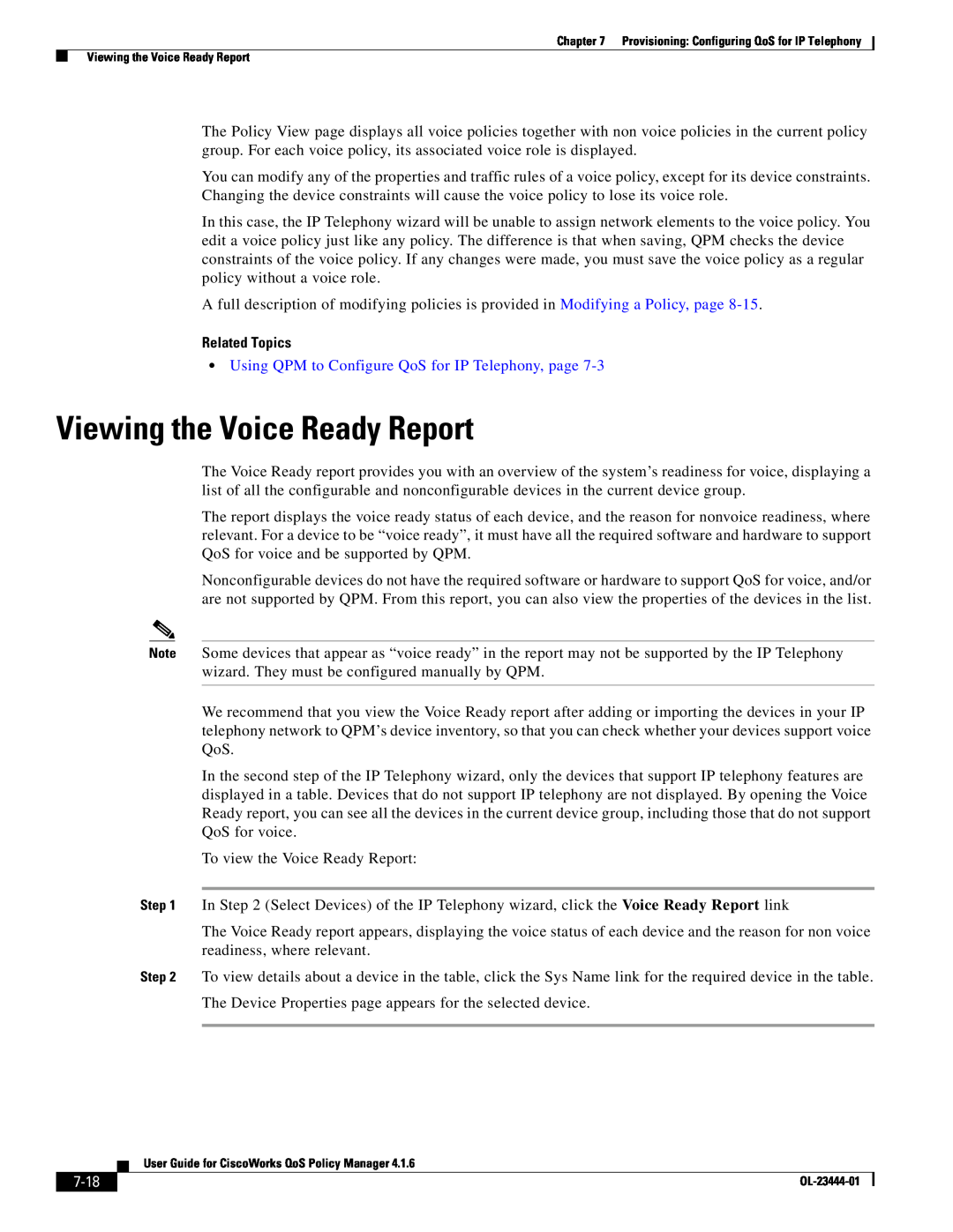 Cisco Systems 416 Viewing the Voice Ready Report, 7-18, Related Topics, Using QPM to Configure QoS for IP Telephony, page 