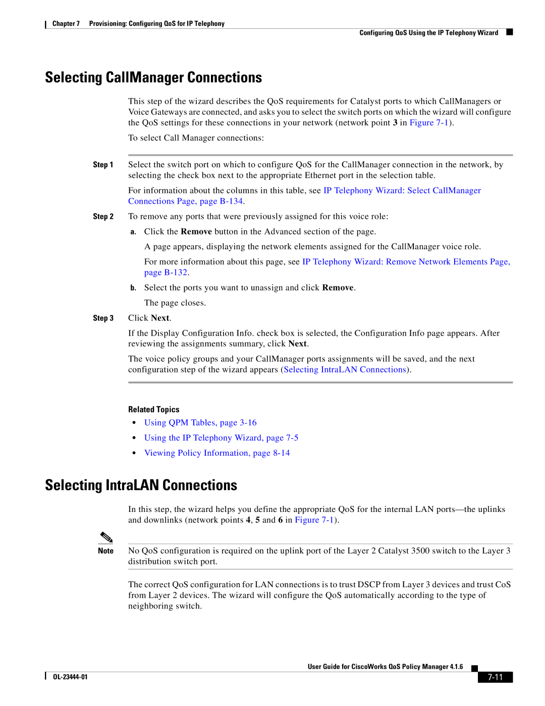 Cisco Systems 416 manual Selecting CallManager Connections, Selecting IntraLAN Connections 